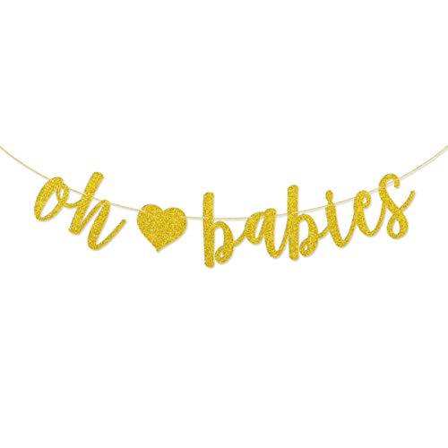 Oh Babies Banner Gold Glitter Pre-Strung for Twins Baby Shower Gender Reveal Party Decorations