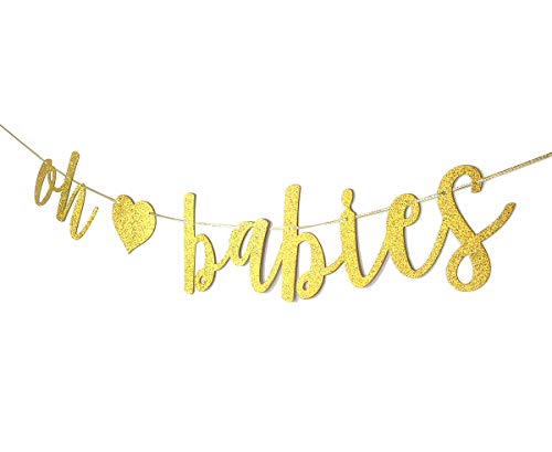 Oh Babies Banner Gold Glitter Pre-Strung for Twins Baby Shower Gender Reveal Party Decorations