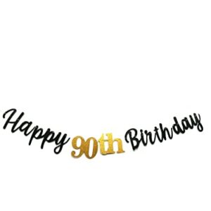 MEDIMQC Black Happy 90th Birthday Banner Sign Gold Glitter 90 Years Birthday Party Decorations Supplies Anniversary Celebration Backdrop Pre-Assembled (Black)