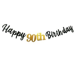 medimqc black happy 90th birthday banner sign gold glitter 90 years birthday party decorations supplies anniversary celebration backdrop pre-assembled (black)
