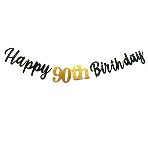 MEDIMQC Black Happy 90th Birthday Banner Sign Gold Glitter 90 Years Birthday Party Decorations Supplies Anniversary Celebration Backdrop Pre-Assembled (Black)