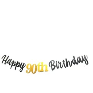 MEDIMQC Black Happy 90th Birthday Banner Sign Gold Glitter 90 Years Birthday Party Decorations Supplies Anniversary Celebration Backdrop Pre-Assembled (Black)