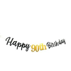 MEDIMQC Black Happy 90th Birthday Banner Sign Gold Glitter 90 Years Birthday Party Decorations Supplies Anniversary Celebration Backdrop Pre-Assembled (Black)