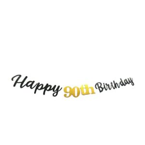 MEDIMQC Black Happy 90th Birthday Banner Sign Gold Glitter 90 Years Birthday Party Decorations Supplies Anniversary Celebration Backdrop Pre-Assembled (Black)