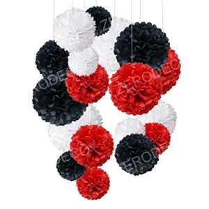 tissue paper pom poms, recosis paper flower ball for birthday party wedding baby shower bridal shower festival decorations, 18 pcs – red black white