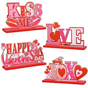 Fovths 4 Pack Valentine's Day Table Centerpiece Signs Wooden Table Decorations Happy Valentines Day Desktop Signs Love Kiss Me XOXO for Valentine's Day Anniversary Wedding Party Decors Gifts