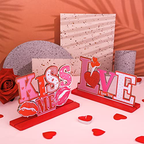 Fovths 4 Pack Valentine's Day Table Centerpiece Signs Wooden Table Decorations Happy Valentines Day Desktop Signs Love Kiss Me XOXO for Valentine's Day Anniversary Wedding Party Decors Gifts