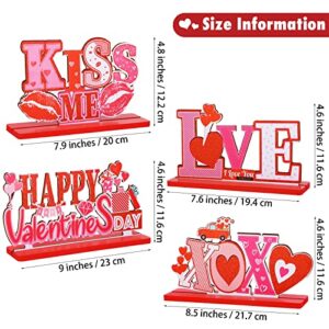 Fovths 4 Pack Valentine's Day Table Centerpiece Signs Wooden Table Decorations Happy Valentines Day Desktop Signs Love Kiss Me XOXO for Valentine's Day Anniversary Wedding Party Decors Gifts