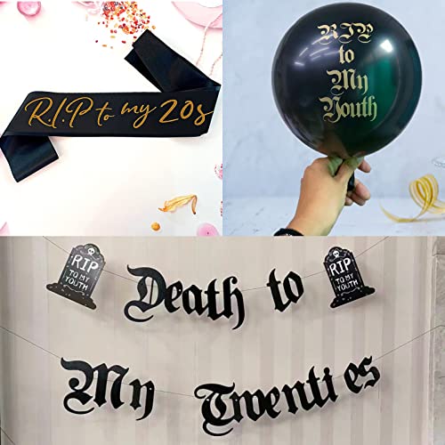 Death to My 20s Decorations, 30th Birthday Decorations for Him with Rip to My 20s Sash,30 Number Balloons Death to My Twenties Banner,Black and White Foil Balloons