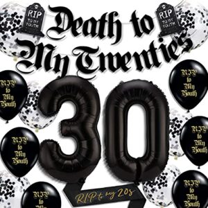 death to my 20s decorations, 30th birthday decorations for him with rip to my 20s sash,30 number balloons death to my twenties banner,black and white foil balloons