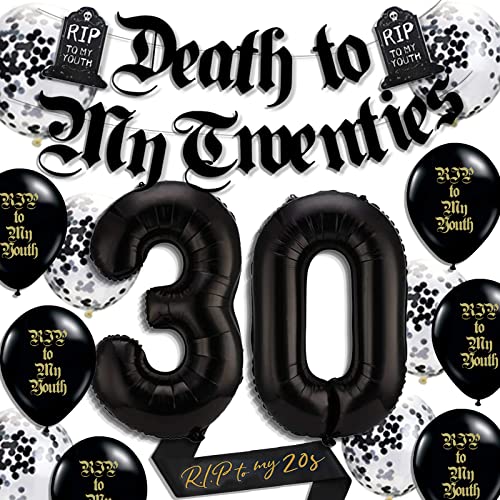 Death to My 20s Decorations, 30th Birthday Decorations for Him with Rip to My 20s Sash,30 Number Balloons Death to My Twenties Banner,Black and White Foil Balloons