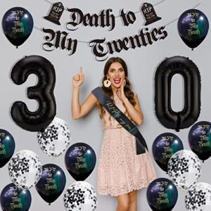 Death to My 20s Decorations, 30th Birthday Decorations for Him with Rip to My 20s Sash,30 Number Balloons Death to My Twenties Banner,Black and White Foil Balloons