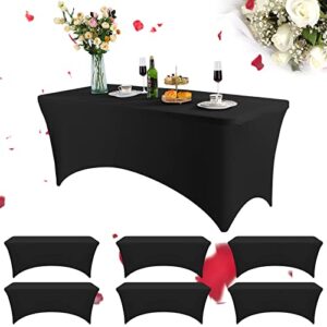 6 pack spandex table cover fitted spandex tablecloths stretch table cover stretchy table cloth washable polyester table protector for folding rectangle table, wedding party or event(black,8 ft)