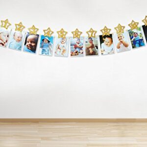 1st Birthday 12 months Photo Banner, Cake Topper, Highchair One Garland. Newborn to 1 Year old Monthly Milestone Picture, Baby Boy & Girl First Gold Decorations Party Supplies