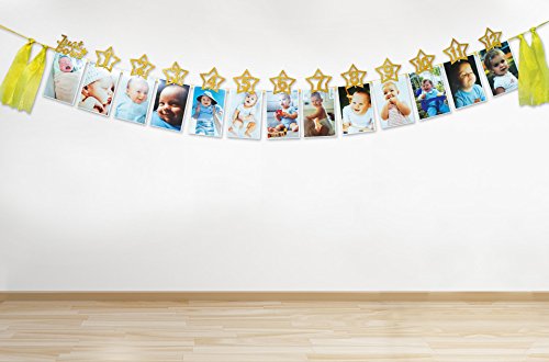 1st Birthday 12 months Photo Banner, Cake Topper, Highchair One Garland. Newborn to 1 Year old Monthly Milestone Picture, Baby Boy & Girl First Gold Decorations Party Supplies