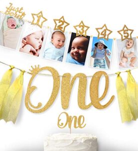 1st birthday 12 months photo banner, cake topper, highchair one garland. newborn to 1 year old monthly milestone picture, baby boy & girl first gold decorations party supplies