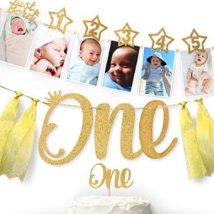 1st Birthday 12 months Photo Banner, Cake Topper, Highchair One Garland. Newborn to 1 Year old Monthly Milestone Picture, Baby Boy & Girl First Gold Decorations Party Supplies