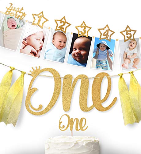 1st Birthday 12 months Photo Banner, Cake Topper, Highchair One Garland. Newborn to 1 Year old Monthly Milestone Picture, Baby Boy & Girl First Gold Decorations Party Supplies