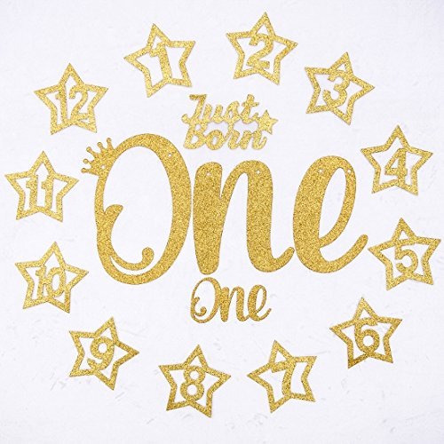 1st Birthday 12 months Photo Banner, Cake Topper, Highchair One Garland. Newborn to 1 Year old Monthly Milestone Picture, Baby Boy & Girl First Gold Decorations Party Supplies