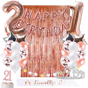 ougold 21st birthday decorations rose gold party supplies for her gift finally 21 sash garland happy birthday balloon foil curtain backdrop props cake topper &confetti ballon 21st bday