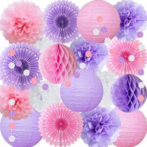 ansomo pink and purple party decorations paper fans lanterns pom poms hanging wall décor bridal baby shower birthday wedding