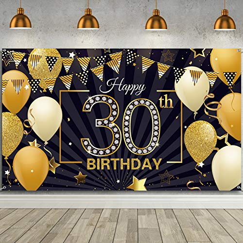 Happy 30th Birthday Backdrop Banner Extra Large Black and Gold 30th Birthday Photo Booth Backdrop Photography Background Happy 30th Birthday Party Decorations for Women and Men, 72.8 x 43.3 Inch