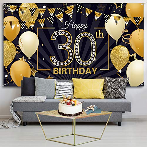 Happy 30th Birthday Backdrop Banner Extra Large Black and Gold 30th Birthday Photo Booth Backdrop Photography Background Happy 30th Birthday Party Decorations for Women and Men, 72.8 x 43.3 Inch