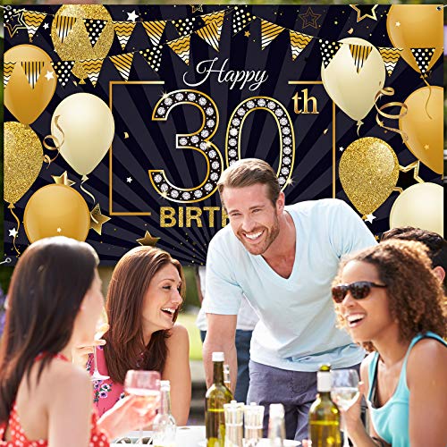 Happy 30th Birthday Backdrop Banner Extra Large Black and Gold 30th Birthday Photo Booth Backdrop Photography Background Happy 30th Birthday Party Decorations for Women and Men, 72.8 x 43.3 Inch