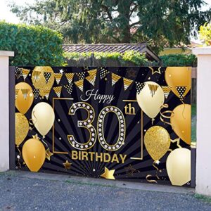 Happy 30th Birthday Backdrop Banner Extra Large Black and Gold 30th Birthday Photo Booth Backdrop Photography Background Happy 30th Birthday Party Decorations for Women and Men, 72.8 x 43.3 Inch