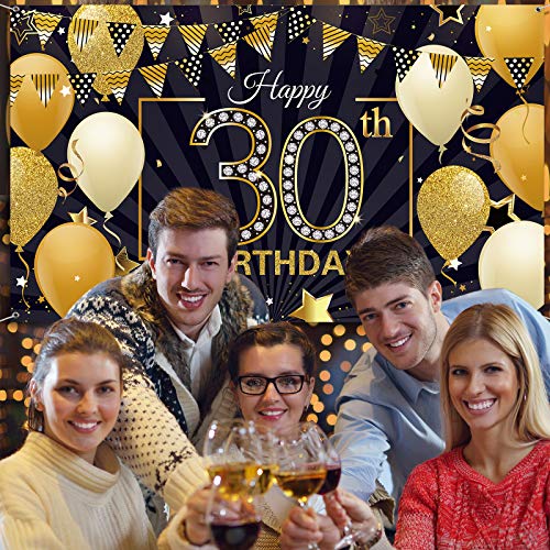 Happy 30th Birthday Backdrop Banner Extra Large Black and Gold 30th Birthday Photo Booth Backdrop Photography Background Happy 30th Birthday Party Decorations for Women and Men, 72.8 x 43.3 Inch