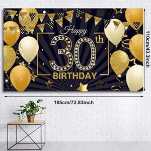 Happy 30th Birthday Backdrop Banner Extra Large Black and Gold 30th Birthday Photo Booth Backdrop Photography Background Happy 30th Birthday Party Decorations for Women and Men, 72.8 x 43.3 Inch