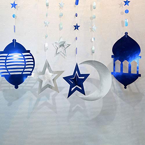 Islamic Silver Blue Star Crescent Moon Lantern Ramadan Garland EID Decoration Home Happy Ramadan Mubarak Party Decor Hanging Streamer Wedding Backdrop Banner Aladdin Birthday Party Supplies