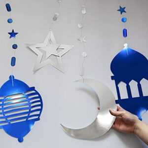 Islamic Silver Blue Star Crescent Moon Lantern Ramadan Garland EID Decoration Home Happy Ramadan Mubarak Party Decor Hanging Streamer Wedding Backdrop Banner Aladdin Birthday Party Supplies