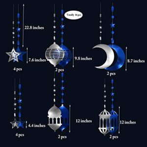 Islamic Silver Blue Star Crescent Moon Lantern Ramadan Garland EID Decoration Home Happy Ramadan Mubarak Party Decor Hanging Streamer Wedding Backdrop Banner Aladdin Birthday Party Supplies