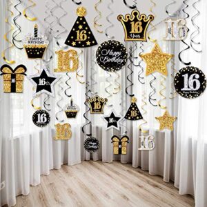 30 pieces 16th birthday party decorations, 16th birthday party decorative cards and hanging swirls ceiling decorations shiny celebration hanging swirls decorations for 16th birthday party supplies