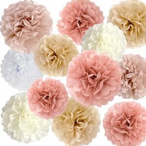 ansomo boho rainbow tissue paper pom poms party decorations flowers wall hanging décor supplies 1st birthday bridal baby shower cream dusty pink centerpieces 12 pcs