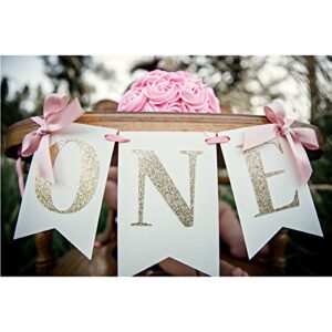 1st birthday baby party decoration high chair glitter gold one banner (4.8inch ribbon bow)