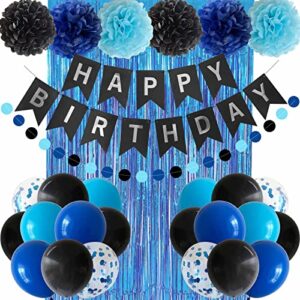 ansomo blue and black happy birthday party decorations for boy men banner balloons navvy light blue pom poms foil curtain décor supplies 13th 16th 18th 20th 30th 40th 50th 60th 70th 80th