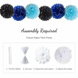 ANSOMO Blue and Black Happy Birthday Party Decorations for Boy Men Banner Balloons Navvy Light Blue Pom Poms Foil Curtain Décor Supplies 13th 16th 18th 20th 30th 40th 50th 60th 70th 80th