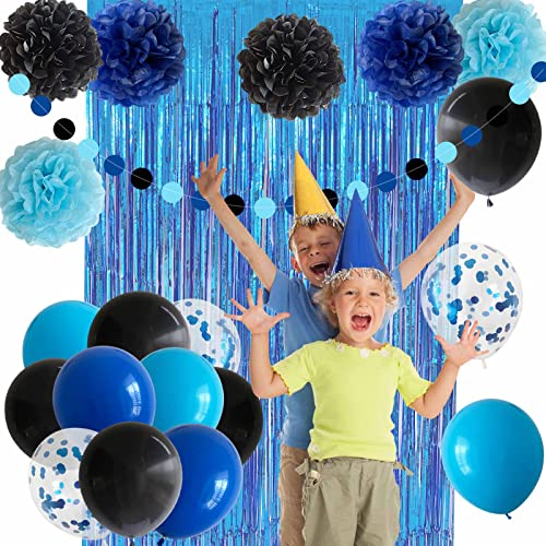 ANSOMO Blue and Black Happy Birthday Party Decorations for Boy Men Banner Balloons Navvy Light Blue Pom Poms Foil Curtain Décor Supplies 13th 16th 18th 20th 30th 40th 50th 60th 70th 80th