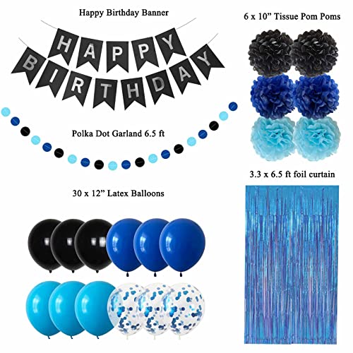 ANSOMO Blue and Black Happy Birthday Party Decorations for Boy Men Banner Balloons Navvy Light Blue Pom Poms Foil Curtain Décor Supplies 13th 16th 18th 20th 30th 40th 50th 60th 70th 80th