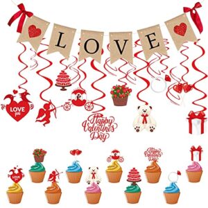 Valentines Day Decoration Set Valentines Day Decor 1Pcs Love Bunting Banner 10Pcs Single Swirls 6Pcs Double Swirls and 10Pcs Toppers Valentines Decorations Valentine's Day Decorations