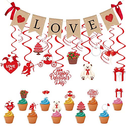 Valentines Day Decoration Set Valentines Day Decor 1Pcs Love Bunting Banner 10Pcs Single Swirls 6Pcs Double Swirls and 10Pcs Toppers Valentines Decorations Valentine's Day Decorations