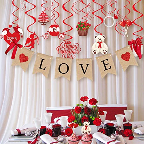 Valentines Day Decoration Set Valentines Day Decor 1Pcs Love Bunting Banner 10Pcs Single Swirls 6Pcs Double Swirls and 10Pcs Toppers Valentines Decorations Valentine's Day Decorations