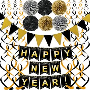 happy new year set black banner with gold black paper flag bunting swirl streamers & pom poms for happy new year party decorations