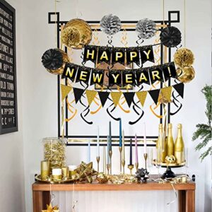 Happy New Year Set Black Banner with Gold Black Paper Flag Bunting Swirl Streamers & Pom Poms for Happy New Year Party Decorations