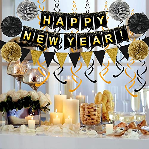 Happy New Year Set Black Banner with Gold Black Paper Flag Bunting Swirl Streamers & Pom Poms for Happy New Year Party Decorations