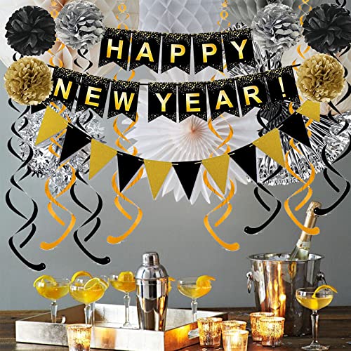 Happy New Year Set Black Banner with Gold Black Paper Flag Bunting Swirl Streamers & Pom Poms for Happy New Year Party Decorations