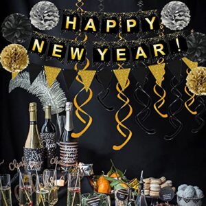 Happy New Year Set Black Banner with Gold Black Paper Flag Bunting Swirl Streamers & Pom Poms for Happy New Year Party Decorations