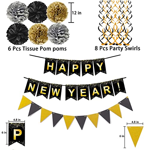 Happy New Year Set Black Banner with Gold Black Paper Flag Bunting Swirl Streamers & Pom Poms for Happy New Year Party Decorations